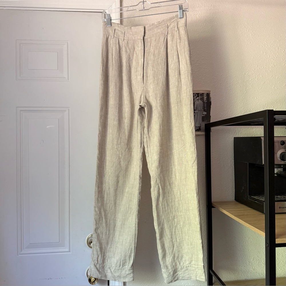 LINEN HANDMADE STUDIO tan beige linen straight leg high rise trousers pants